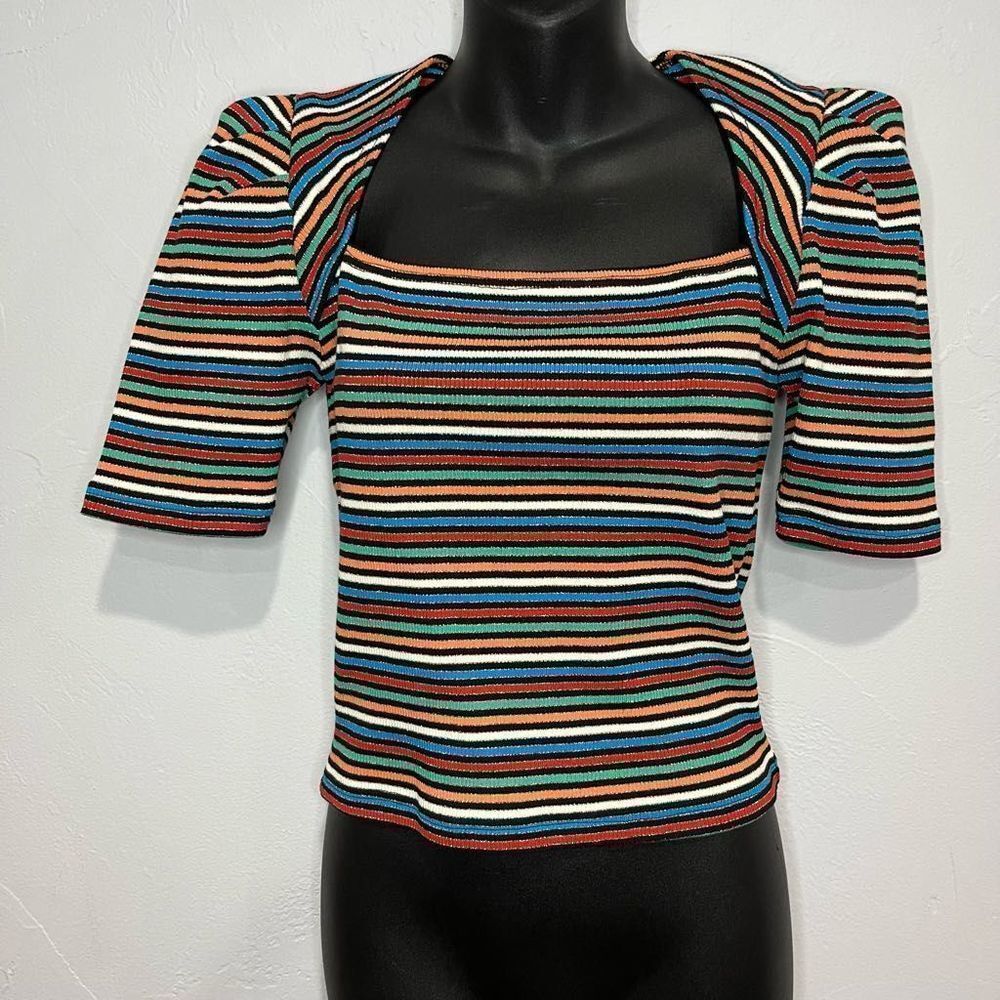 DerekLAM CROSBY Jade Striped Ribbed Knit Top Multicolor Puff Shoulder Large NWT 